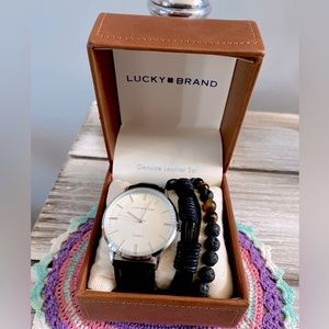 Lucky Brand Leather Strap Watch & Bracelets Set 40mm ✨ Black | Stainless